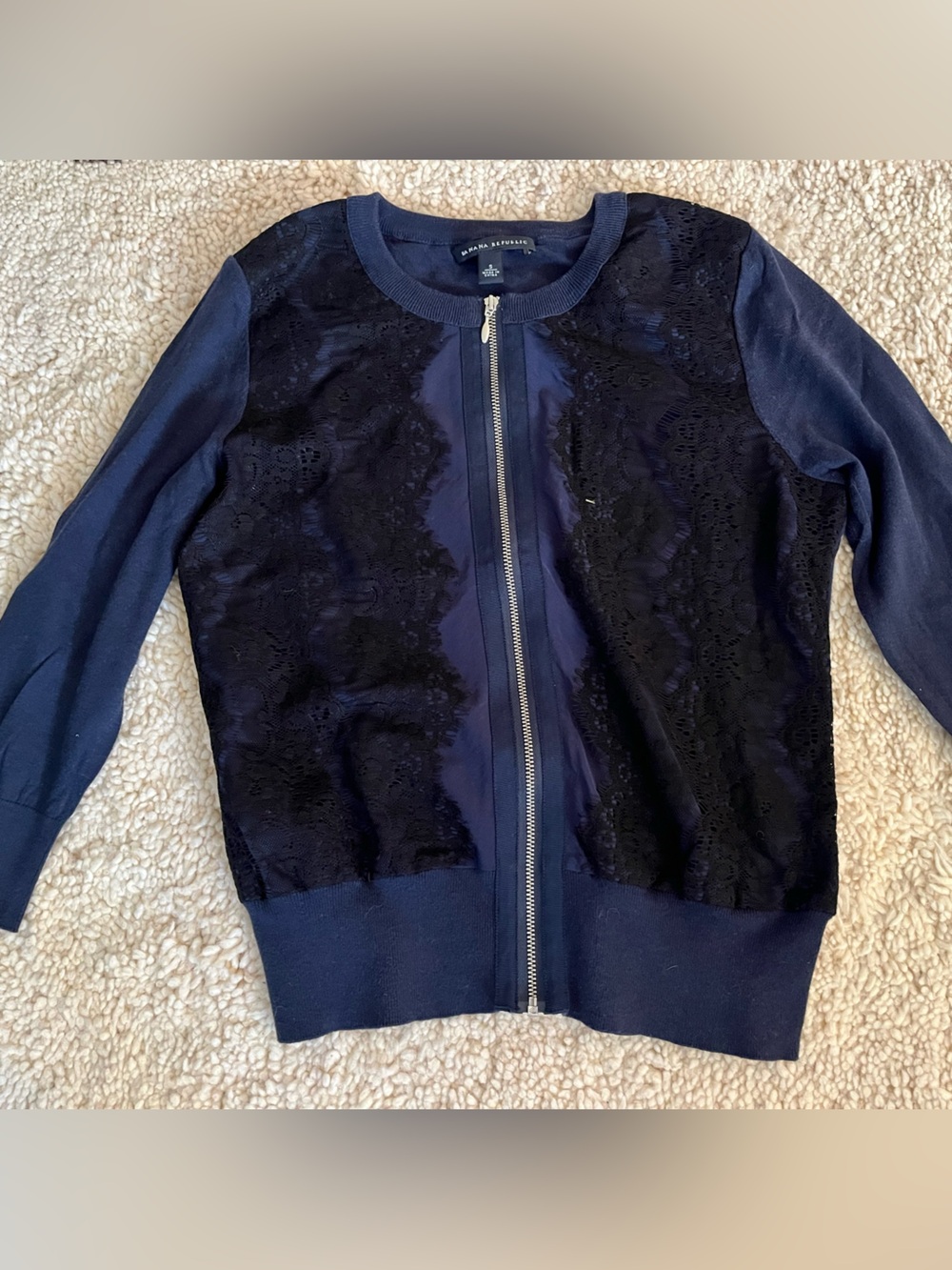 Banana Republic Navy Lace Zip-Front Cardigan Sweater with Gold Hardware Sz S/M